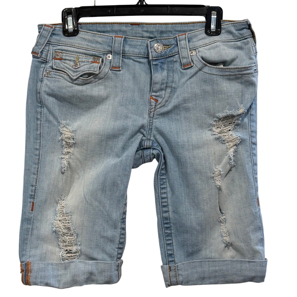 True Religion Womens Distressed Knee Length Denim Shorts Light Wash Cuffed Y2K